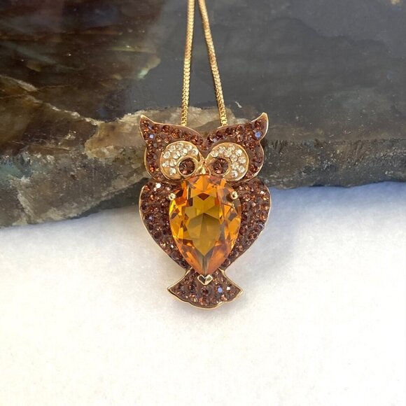 Gold Vermeil Sterling Silver 925 Brown Orange Rhinestone Owl Pendant Necklace - Picture 3 of 16